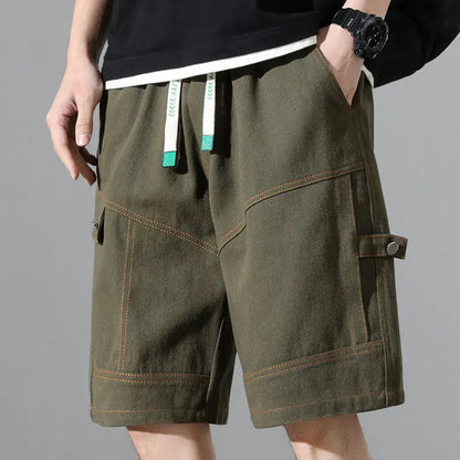 Fashion Elastic Spliced Straight Cargo Denim Shorts Men's Clothing 2024 Summer New Loose Korean High Waist Knee Casual Shorts