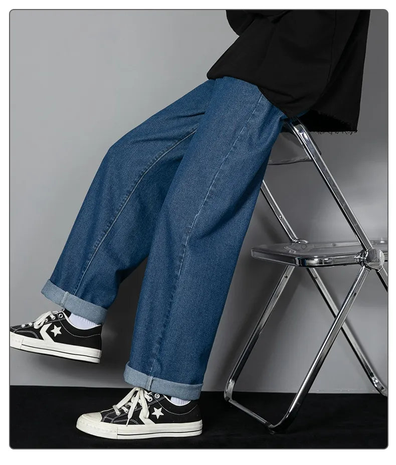 New Korean Men's Casual Long Jeans Classic Man Straight Denim Wide-leg Pants Solid Color Light Blue Grey Black 3XL