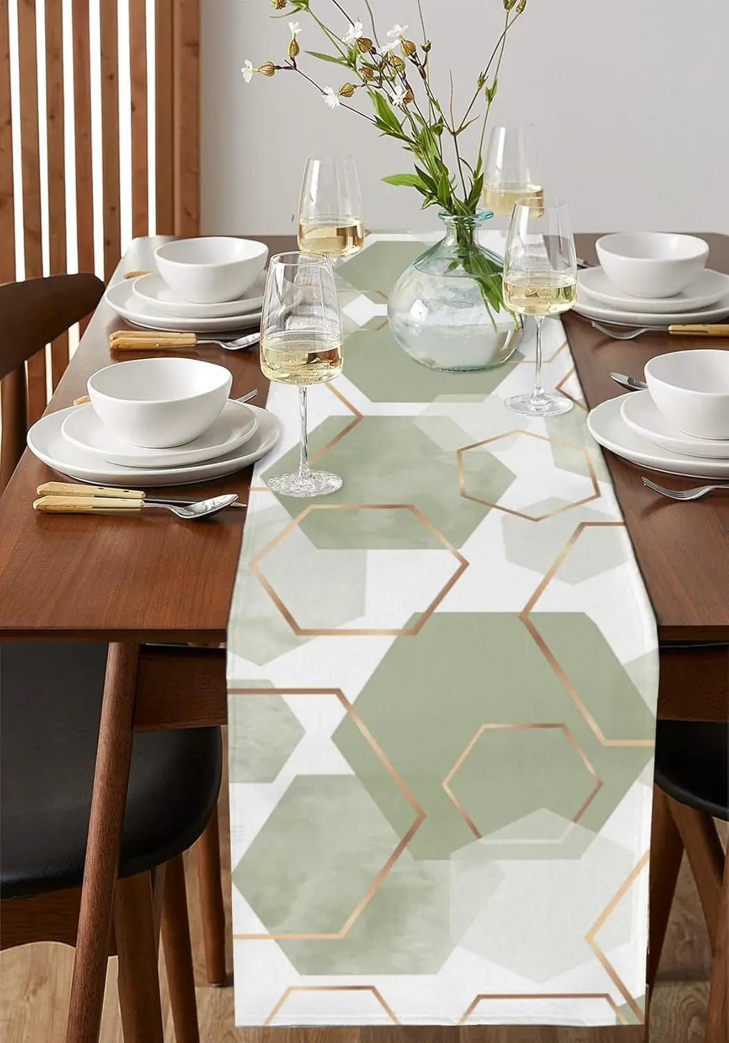 Sage Green Geometric Abstract Minimalist Gold White Linen Table Runners Home Decor Durable Dining Table Runners Party Supplies