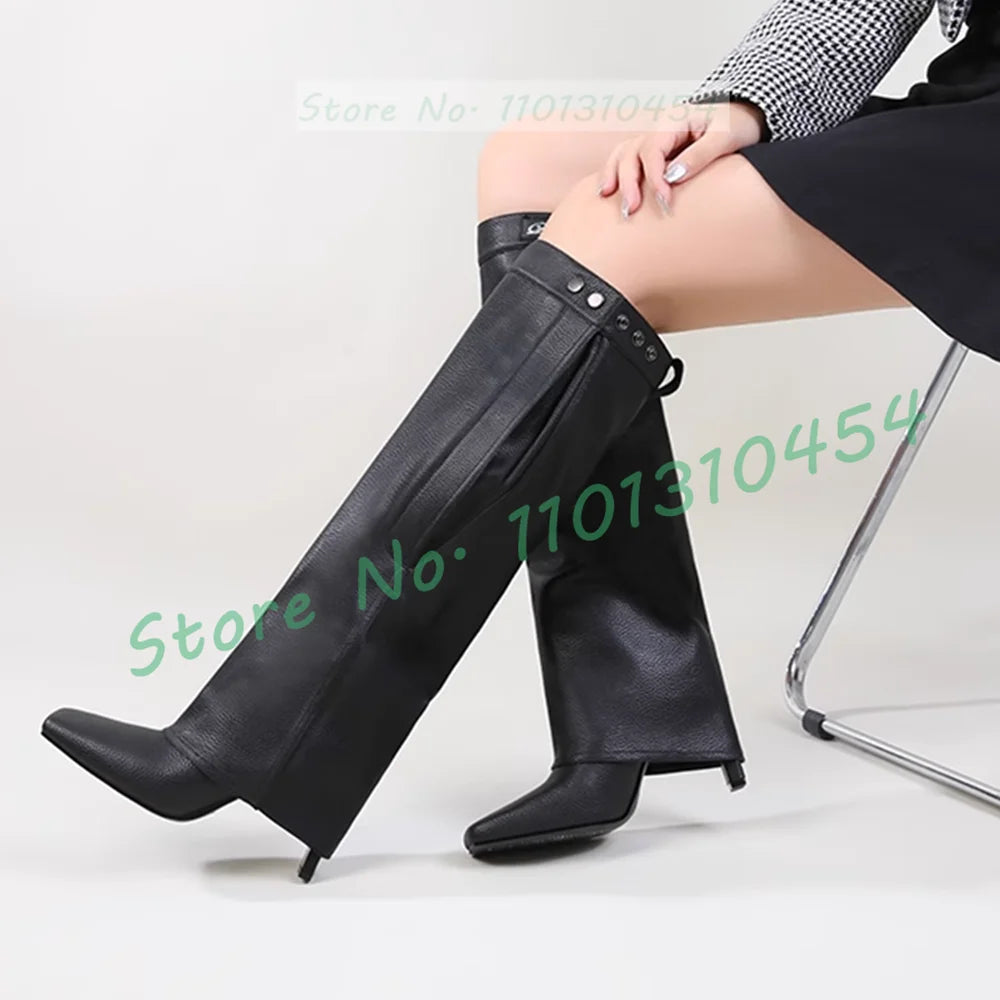 Black Square Toe Foldover Leather Boots Women Elegant Block High Heels Pink Winter Dress Shoes Female Casual Metal Buttons Boots