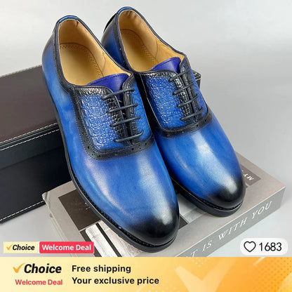 New Men's Business Leather Shoes Fashion Summer Lace-Up Blue Black Hand Carved Wedding Shoes  Office Oxford Shoes