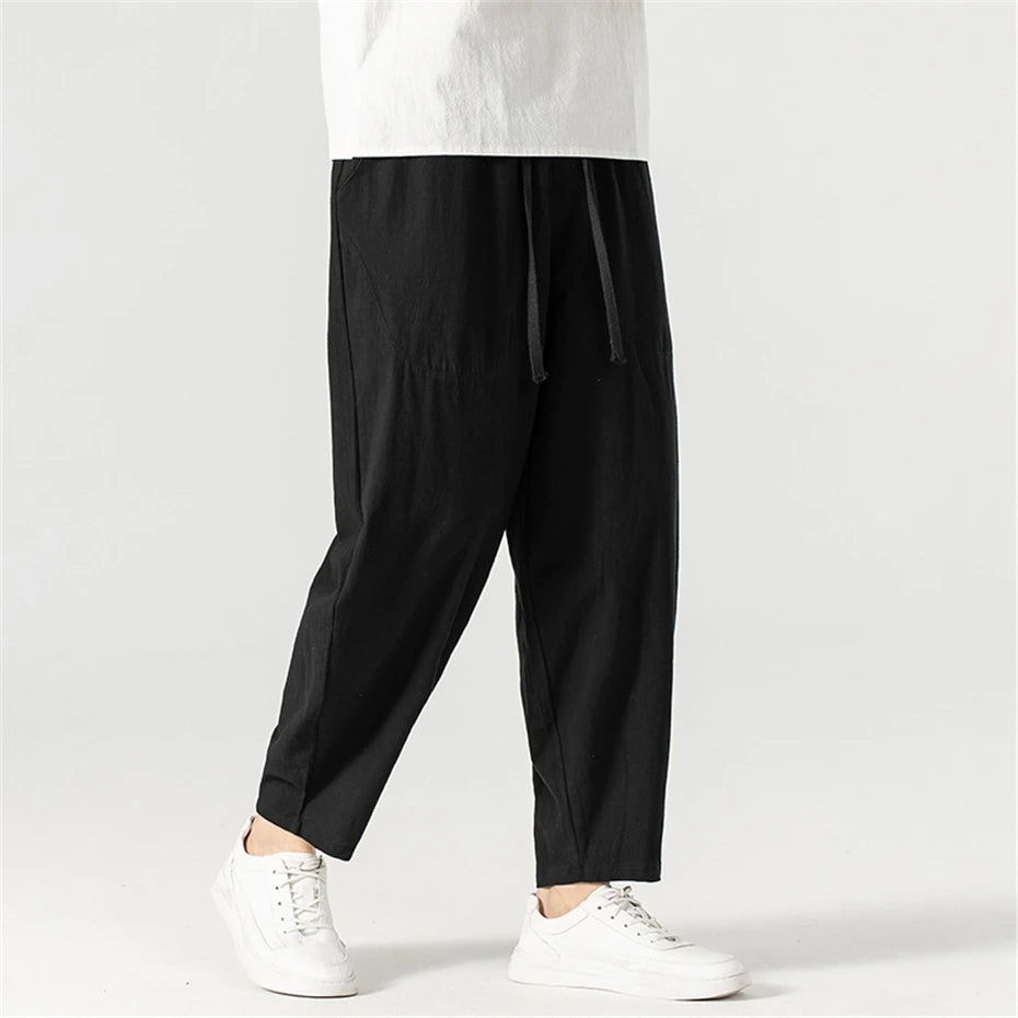 Linen Pants Men Baggy Pants Plus Size 9XL Summer Ankle-length Pants Male Solid Color Bottom Big Size 9XL