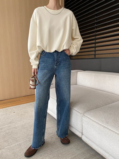 [LANMREM] Rough Edge Design Jeans Women High Waist Straight Wide Leg Denim Trousers Office Lady Clothing 2025 Autumn New 26C168