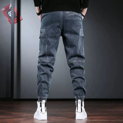 Autumn Jeans Men Baggy Cargo Pants Streetwear Hip Hop Casual Blue Gray Elastic Waist Denim Trousers CP2013