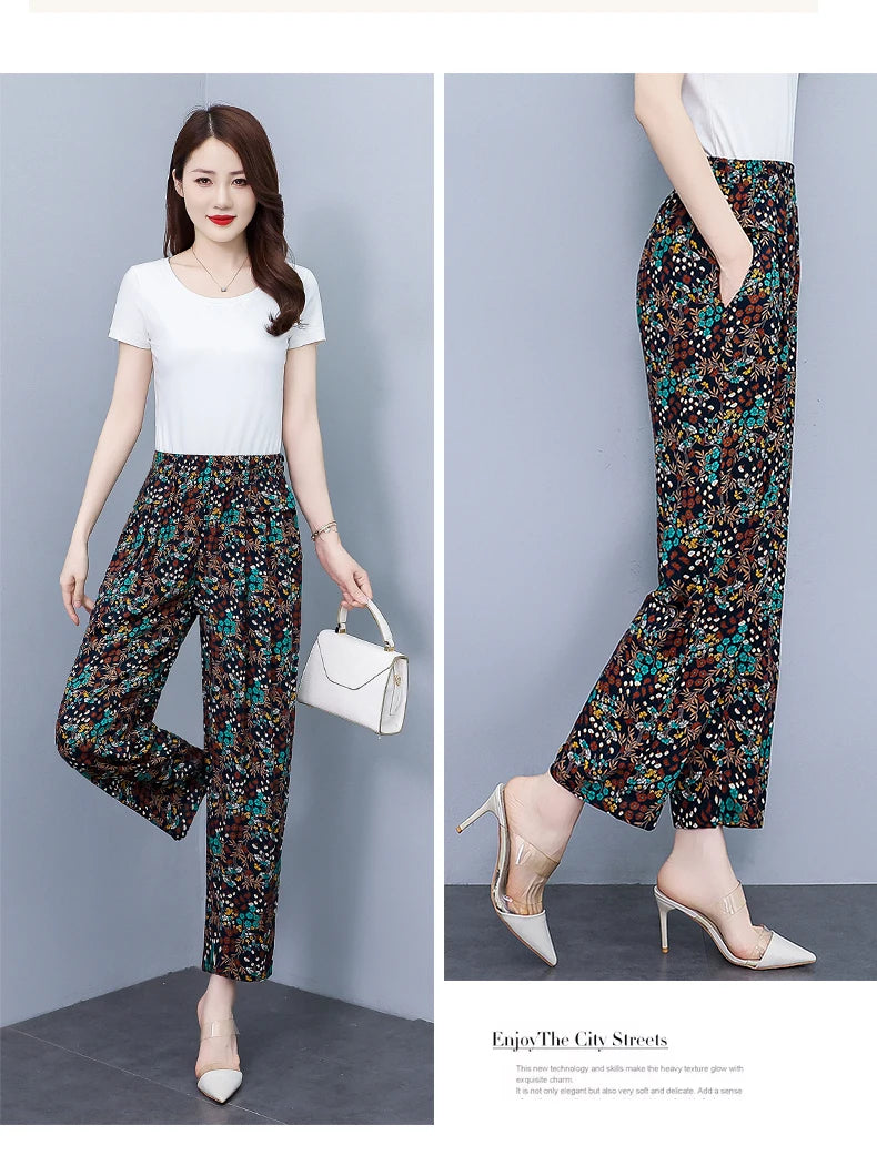 Women Pants High Waist Loose Print Summer Pants for Women Elastic Waist Vintage Clothing