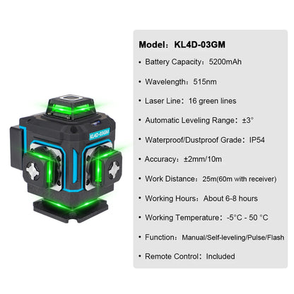 KEZERS Digital Green Laser Level 16 Lines 4D 360 KL4D-03GM 5200mAh Li-ion Battery лазерный уровень Metal Window/Base Suitcase