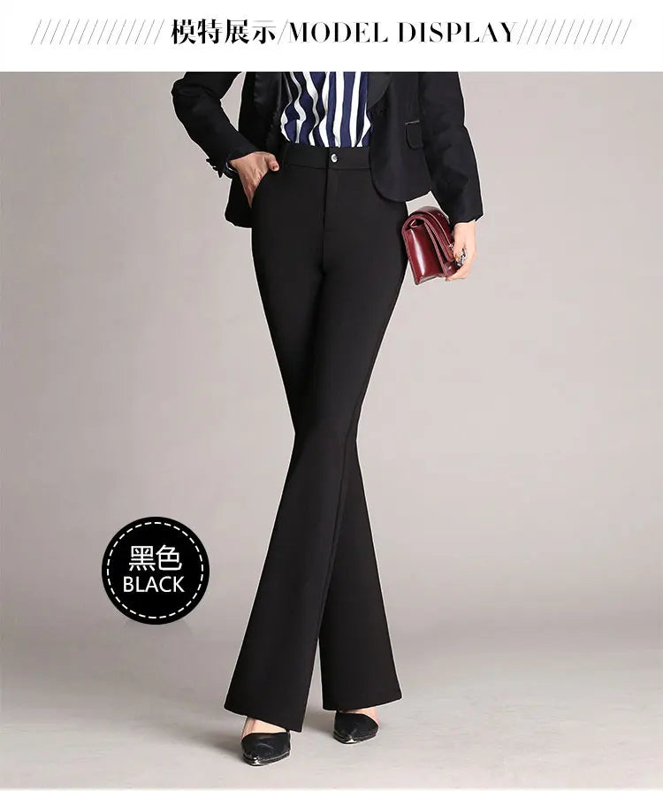 Solid Elegant Full Length Women's Pants Autumn Casual Wide Leg Flared Pants Vintage High Waist OL Ladies Career Long Trousers