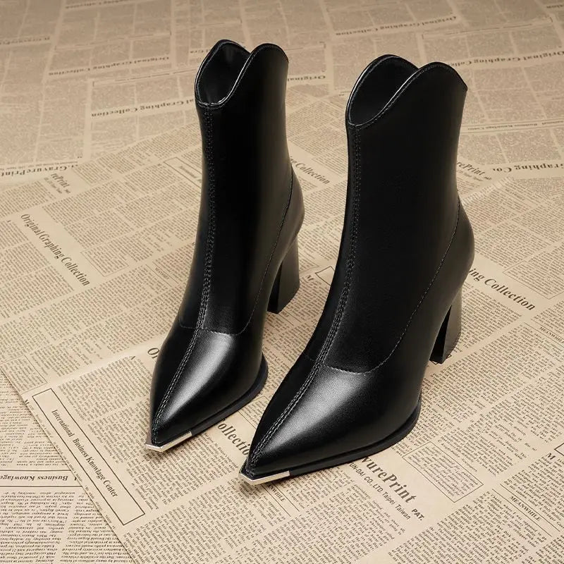 Fall/winter Women's Petite Pointed Toe Thick Heel Short Boots French Style Ankle Boots