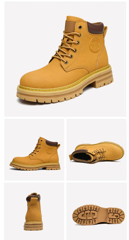 Winter Plush Warm Men Women Genuine Leather Yellow Boots Fashion British Style Work Shoes Autumn Plus Big Size 49 50 51