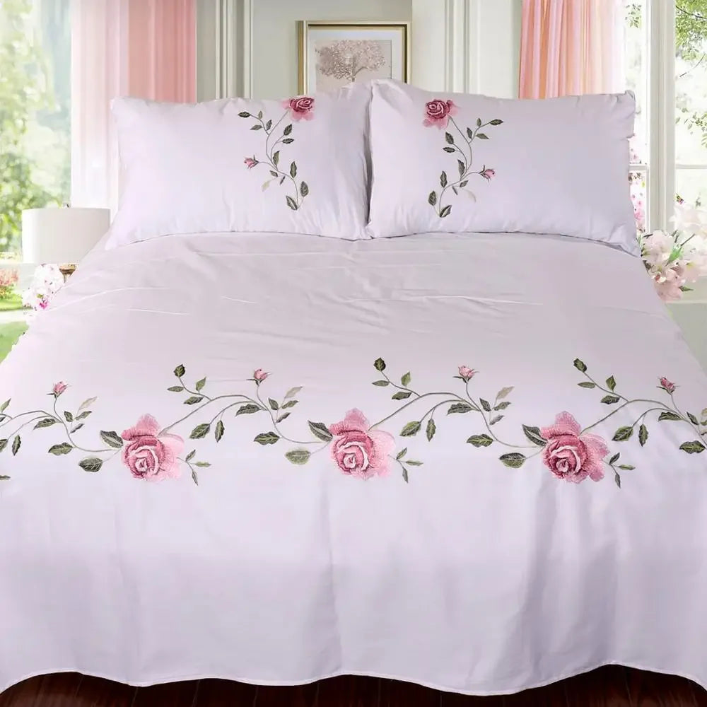 Cotton twill Embroidered Bed Sheets Set LUXURY Bedding Set Wrinkle & Fade Resistant Hypoallergenic Sheet & Pillow Case Set Queen