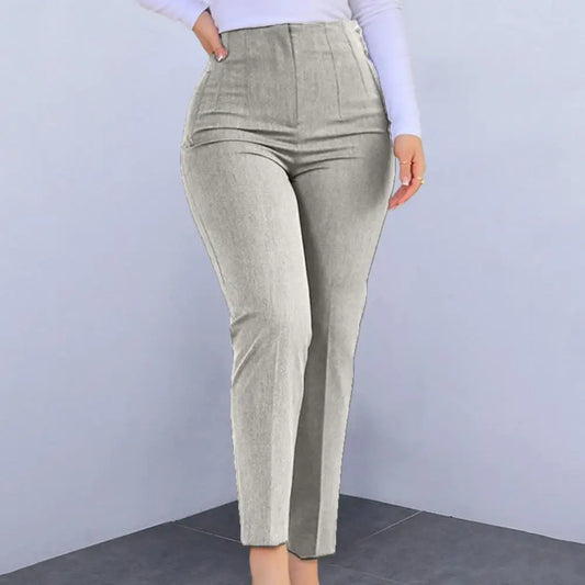 Ninth-Length Women Trousers High Waist Pleated Pockets Solid Color Straight Leg Suit Pants Ninth Trousers Office Pants