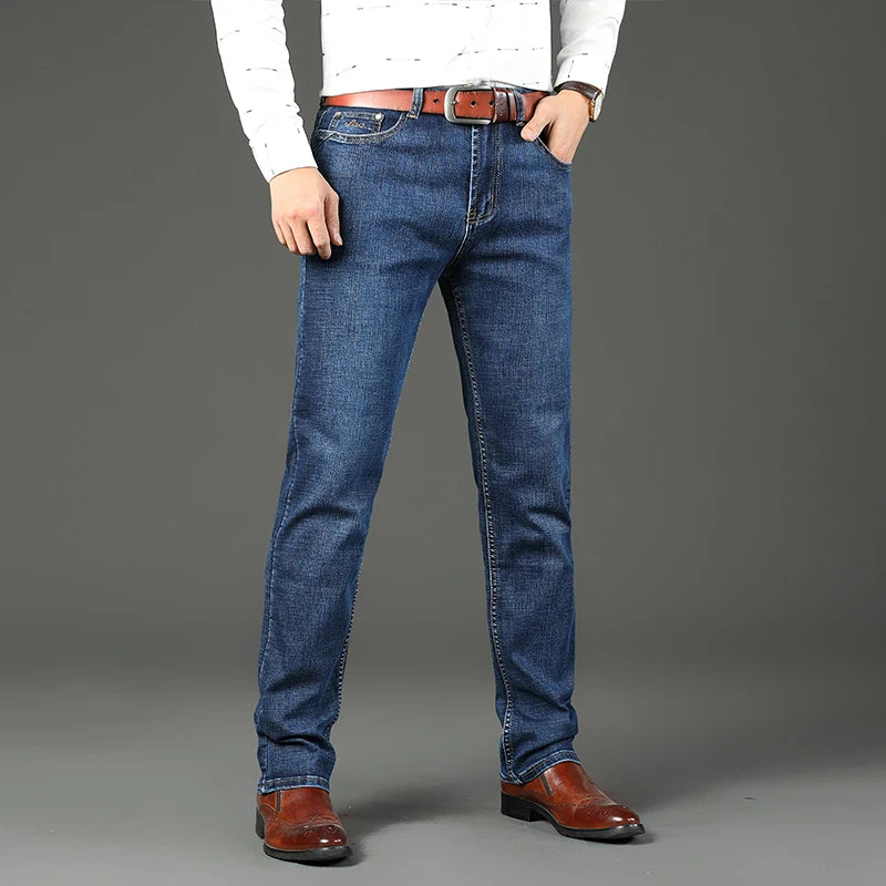 2024 Spring Autumn Office Business Jeans Men Classic Blue Cotton Stretch Straight-leg Denim Pants Male Brand Trousers