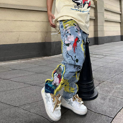 Chinese Painting Embroidered Patch Denim Ripped Jeans for Men Streetwear Washed Destroyed Pleated Straight Jean Male Tassels