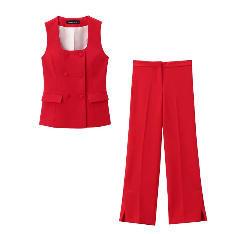 TRAFZA Women Summer Fashion Suits Red Square Neck Sleeveless Pockets Double Breasted Waistcoat Top+Mid-Waist Slit Stralght Pants