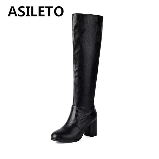 ASILETO Classic Women Knee High Boots Round Toe Block Heels 6.5cm Zipper Large Size 46 47 48 Vintage Daily Lady Riding Booties