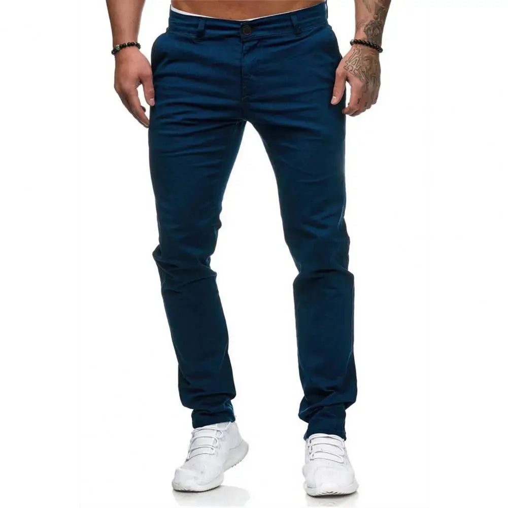 Men Pants Mid Waist Zipper Button Closure Men Long Trousers Thin Slim Fit Soft Breathable Casual Ankle Length Pencil Pants