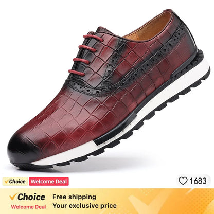 Luxury Business Casual Genuine Natural Cowhide Leather Men's Oxford Sneakers Spring Autumn Crocodile Pattern Anti-slip Footwear