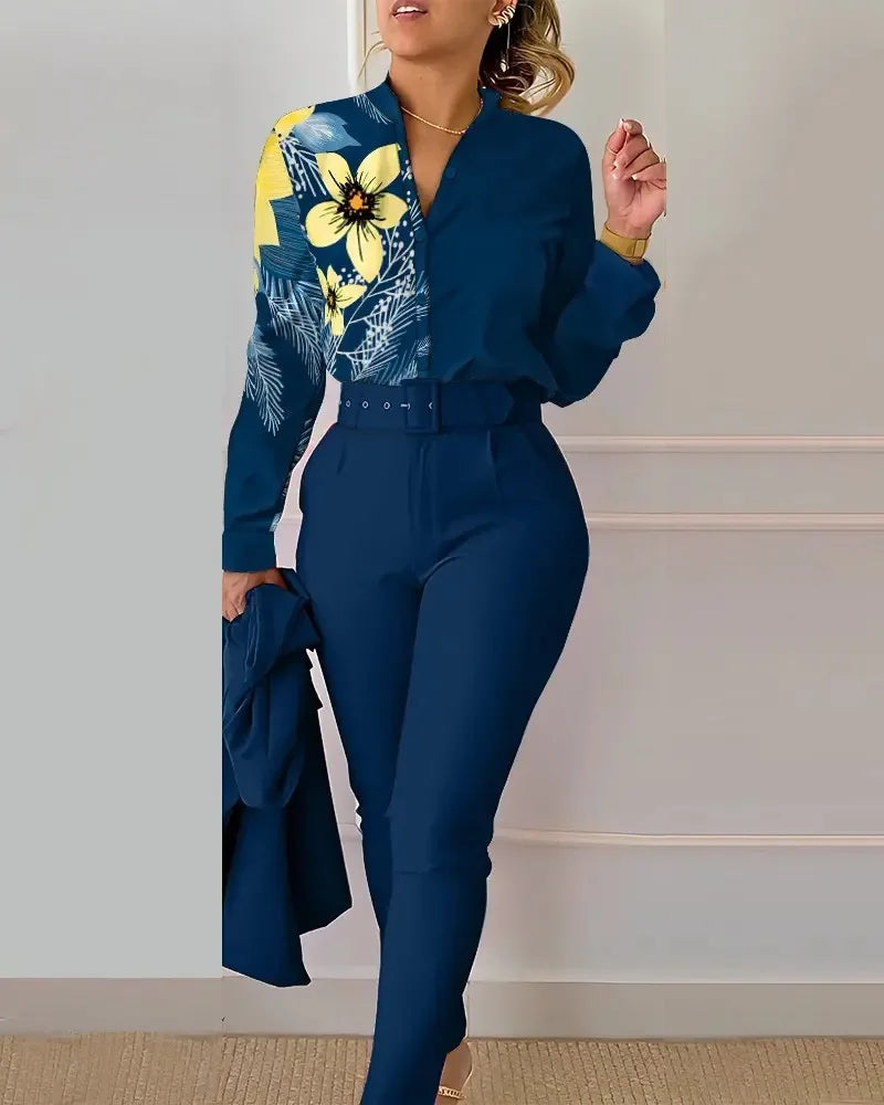 Elegant Women Two Piece Set Suits Fall New Fashion Print Long Sleeve Top Solid Color Pants Set With Belt  Blouses Female Clothes