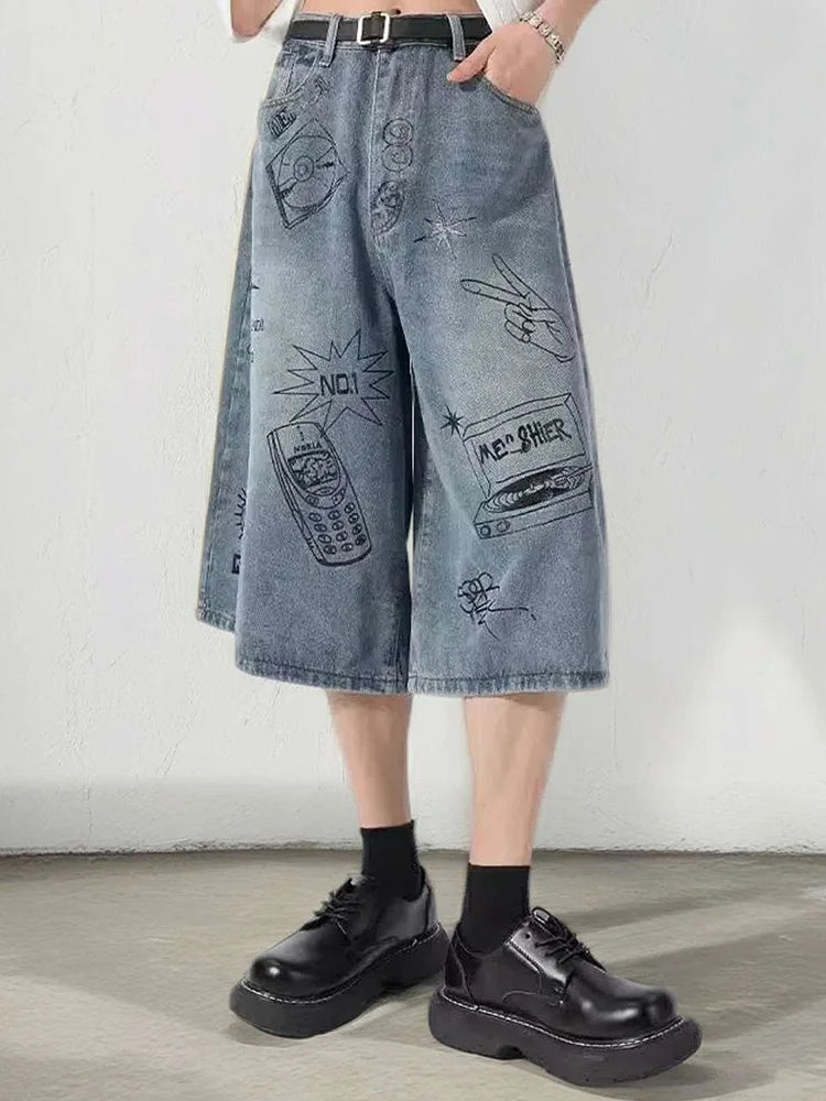 Summer Men Shorts Hip Hop Pockets Straight Wide Length Male Painted Harajuku Jeans Baggy Loose Cool Streetwear Short Pants