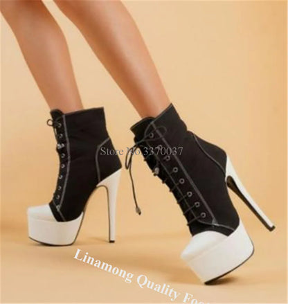 White-black High Platform Short Boots Linamong Western Style Round Toe Lace-up Stiletto Heel Ankle Booties Sexy Casual High Heel