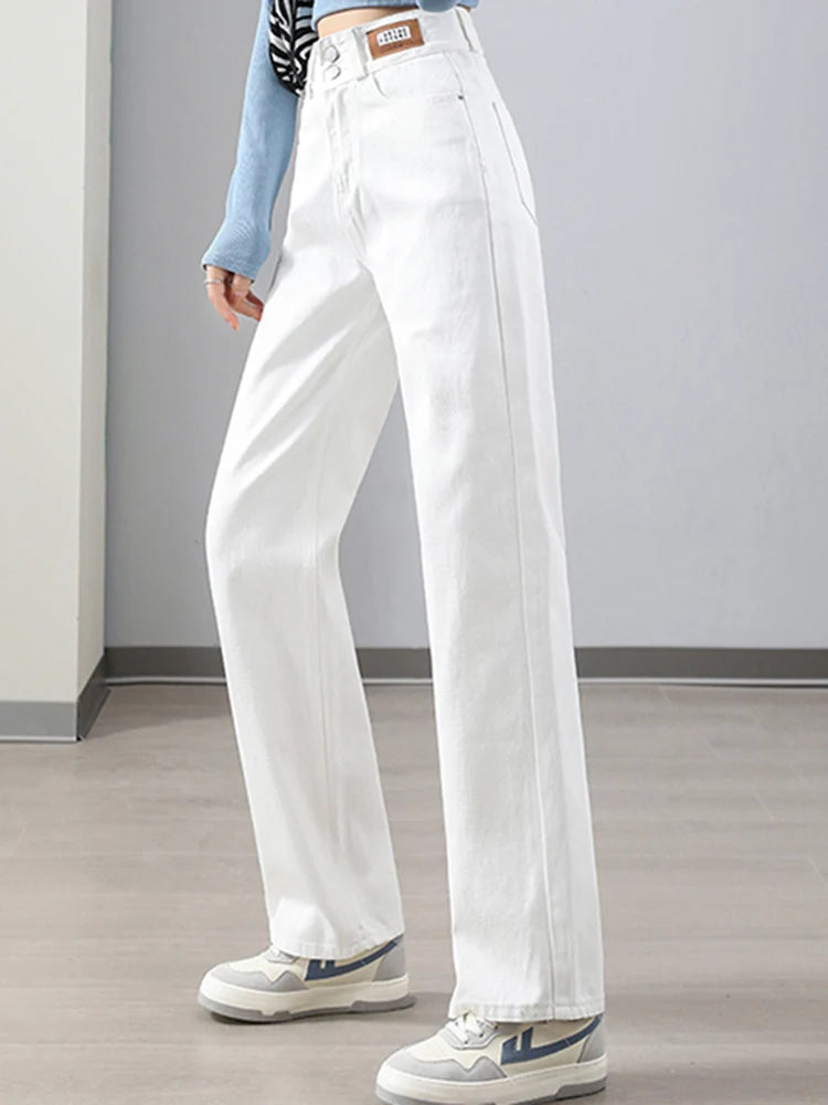 Spring 2024 Women High Waist Jeans Lady Double Breasted Straight Leg Pants Female White Black Light Blue Leather Label Trousers