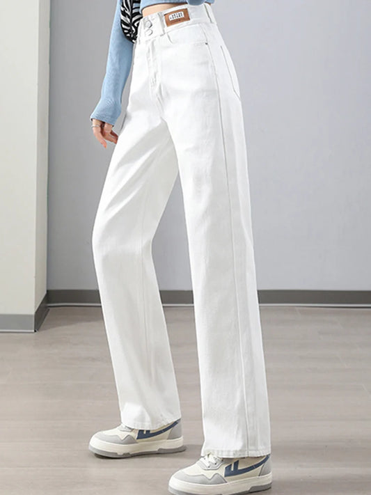 Spring 2024 Women High Waist Jeans Lady Double Breasted Straight Leg Pants Female White Black Light Blue Leather Label Trousers