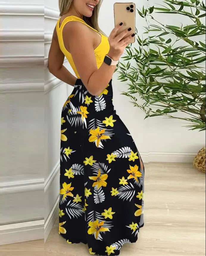 Two Piece Sets Womens Outifits 2024 Summer Print Temperament Sleeveless Slim Top & Casual High Waist Fashion Wide Leg Pants Set