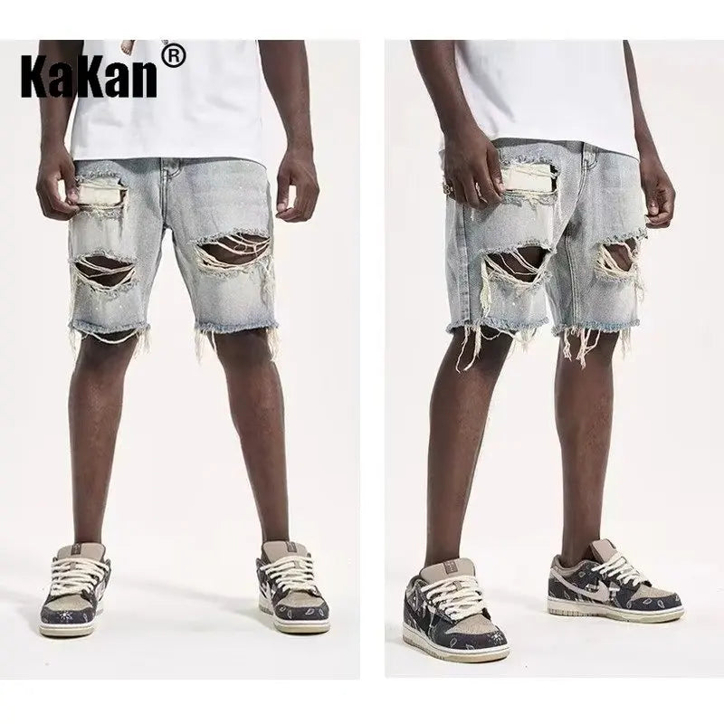 Kakan - New Summer Distressed Denim Shorts for Men, Korean Youth Popular Slim Fitting Small Leg Quarter Pants Jeans K58-DK322