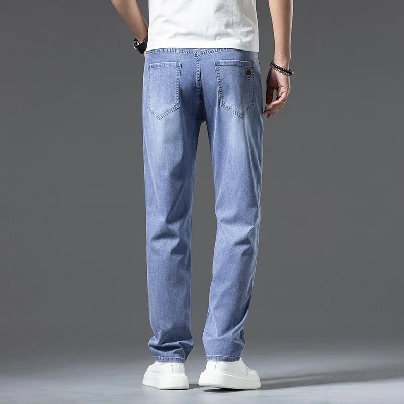 2024 spring and summer new styles Men's baggy jeans light blue Stylish thin lyocell stretch jeans