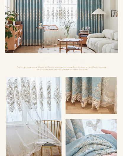 New European Style Simple light blue Thread Embroidered Curtains for Living Room Bedroom Study Blackout Curtain Customization