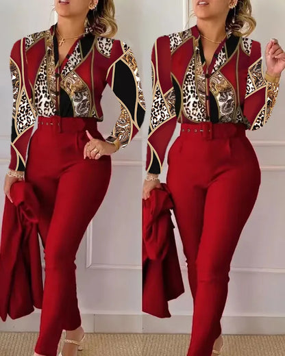 Elegant Women Two Piece Set Suits Fall New Fashion Print Long Sleeve Top Solid Color Pants Set With Belt  Blouses Female Clothes