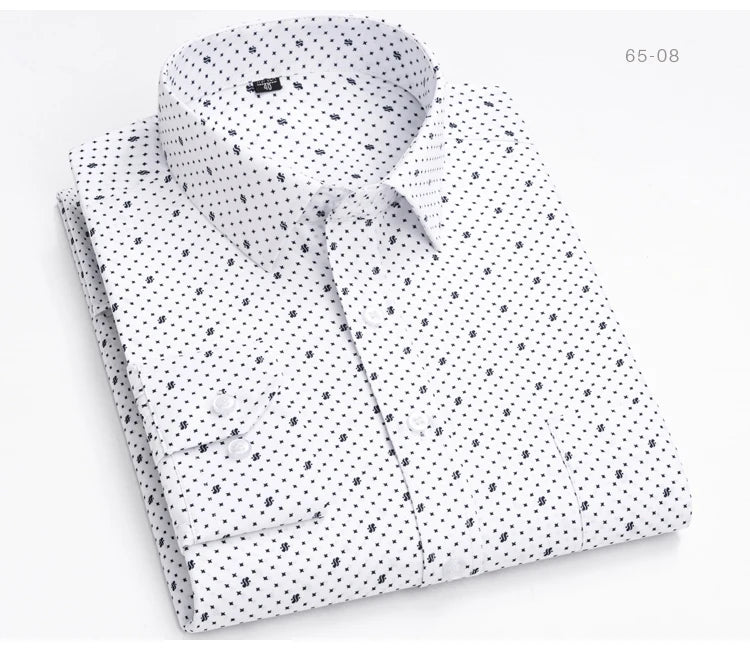 Men's Classic Long Sleeve Print/striped Basic Dress Shirts Single Patch Pocket 65% Cotton Business Standard-fit Office Shirt