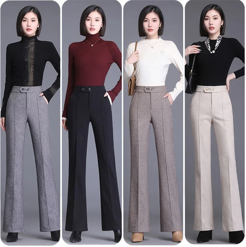 2024 Autumn Winter Women's Woolen Pants New Fashion High Waist Elastic Micro Flare Pants Slim Female Casual Wool Trousers 4XL