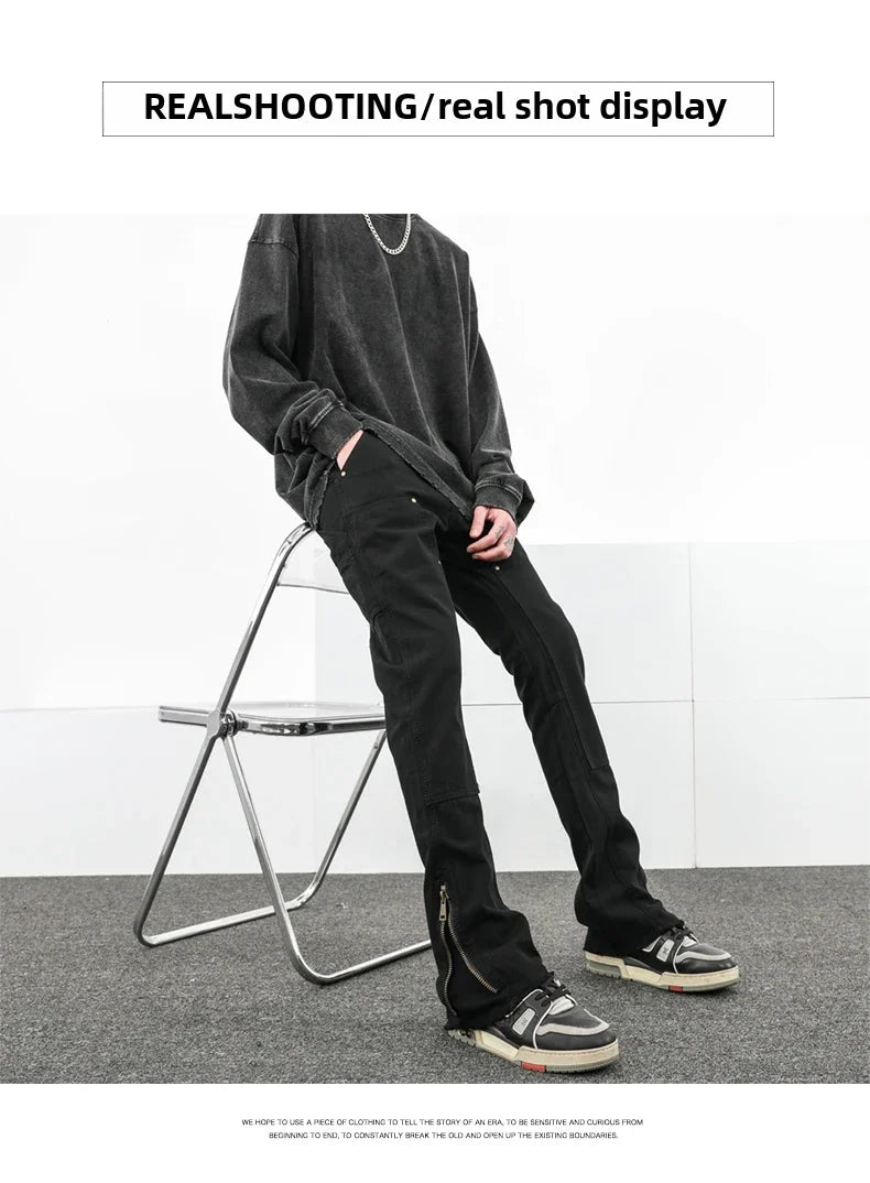 American Style Street Vibe Men's Jeans Trendy Brand Fringe Zip-up Working Trousers Slimming Straight-leg Microbell Bottom Pants