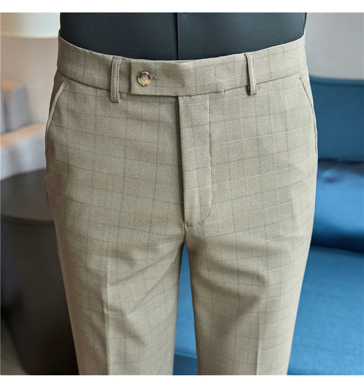 Men Plaid Suit Pants 2024 Autumn Item Solid Casual Dress Pants Elastic Slim Fit Formal Trousers Men Clothing pantalones hombre