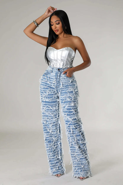 2024 Fashion denim brushed fringe loose straight leg pants for women with high waisted zippered jeans street loose party trouser