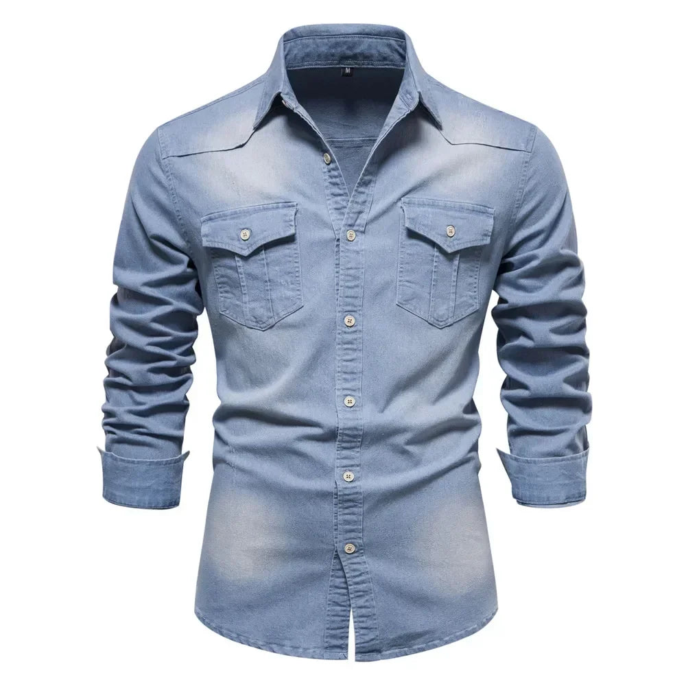 AIOPESON Brand Elastic Cotton Denim Shirt Men Long Sleeve Quality Cowboy Shirts for Men Casual Slim Fit Mens Designer Clothing