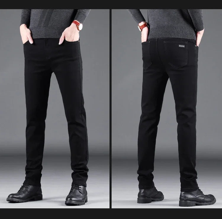 Spring Autumn New Men's Pure Black Slim Jeans Elastic Straight Pants Business Fashion Leisure Korean Vintage Denim Pants Male