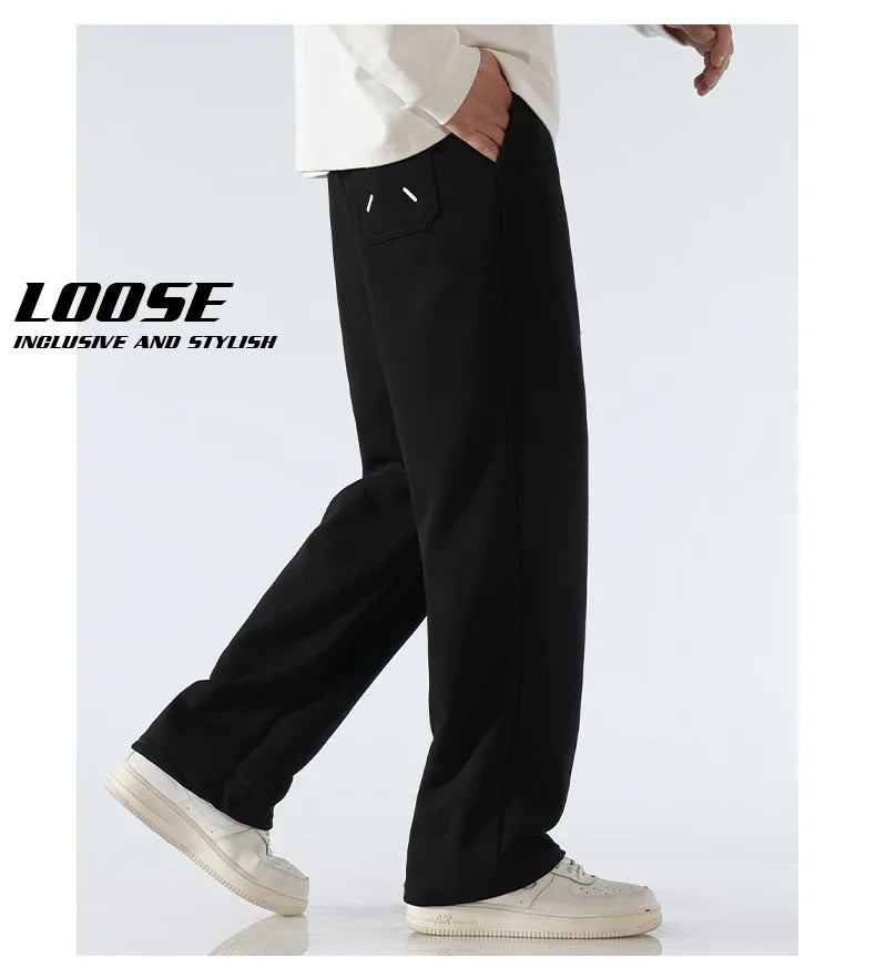 Men's Pants Wide Leg Cotton Fabric Straight Loose Outdoor Solid Color Knitted Sweatpants High-quality Soft Long Baggy Trousers