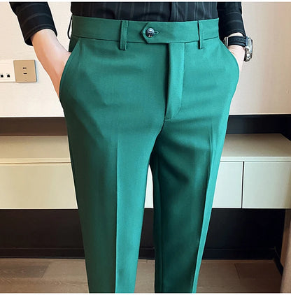 Green Elegant Elastic Mens Social Pants Skinny Cropped White Formal Stretch Pants Mens Trousers Office Slim Fit Party Club 2023