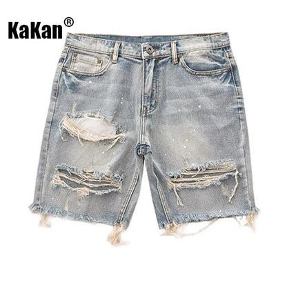 Kakan - New Summer Distressed Denim Shorts for Men, Korean Youth Popular Slim Fitting Small Leg Quarter Pants Jeans K58-DK322