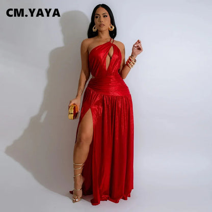 CM.YAYA Women Sleeveless Backless High Waist Birthday Long Maxi Dress 2024 Autumn Street Sexy Party Split Dresses Vestidos