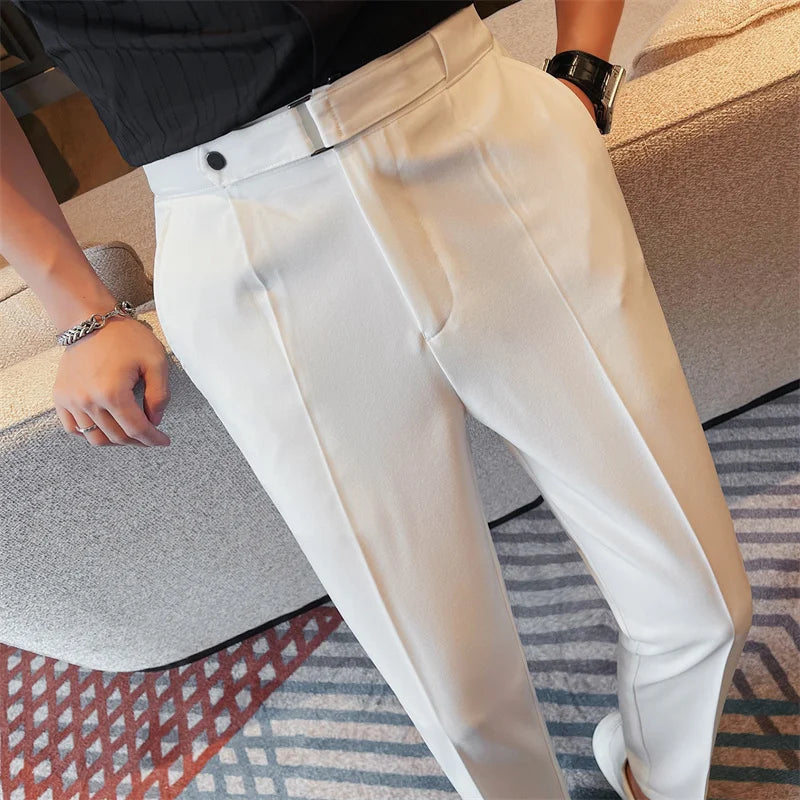 2024 Summer Fashion Belt Design Suit Pant High-waist Solid Color Business Slim Fit Formal Wedding Social Dress Ankle Pants 38-28