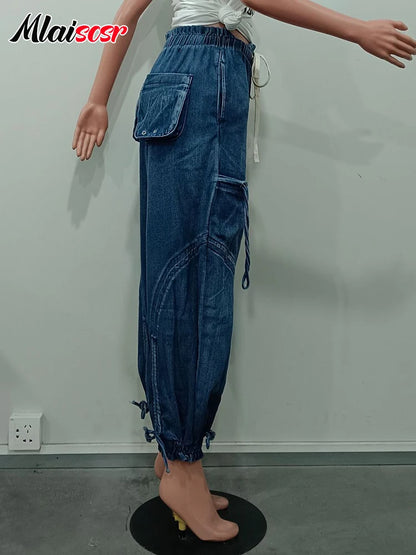 Mlaiscsr Fashion Women Lantern Harem Jeans Drawstring Bandage Loose Blue Straight Wide Leg Denim Pants Streetwear Trousers y2k