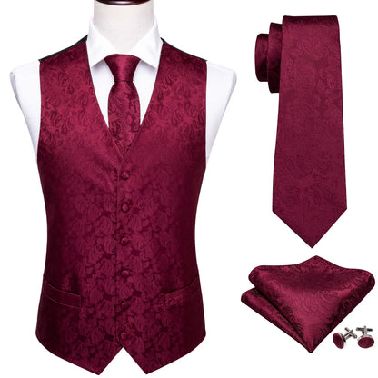 Designer Vest for Men Silk Embroidered Red Burgundy Paisley Waistcoat Tie Pocket Square Set Slim Fit Wedding Suit Barry Wang