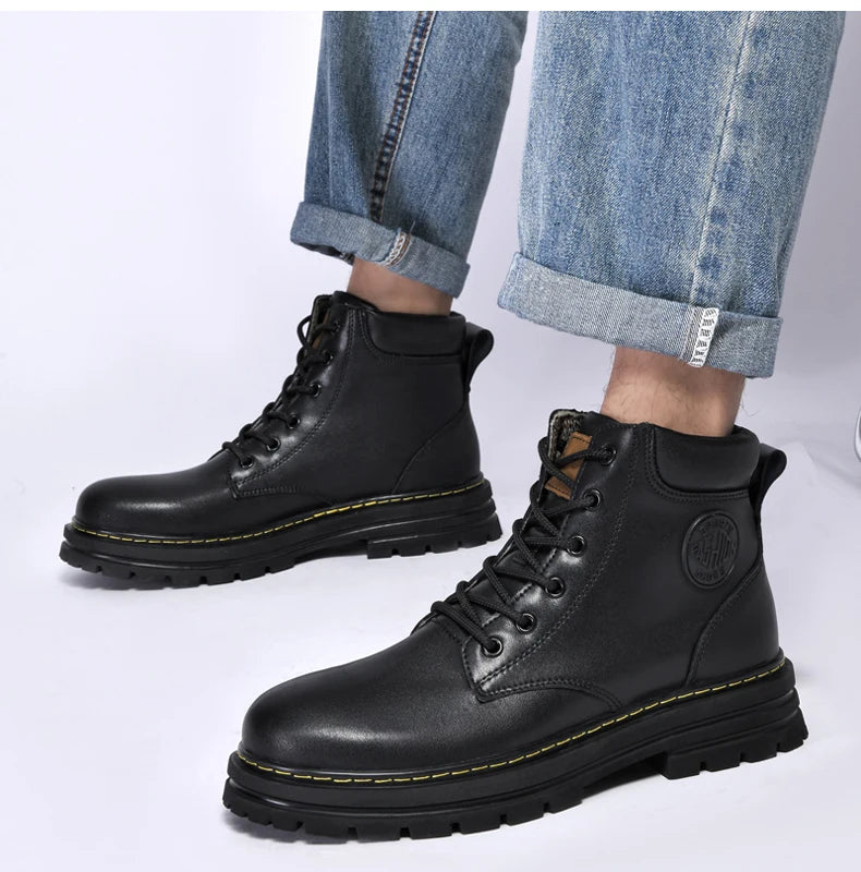 Winter Plush Warm Men Women Genuine Leather Yellow Boots Fashion British Style Work Shoes Autumn Plus Big Size 49 50 51