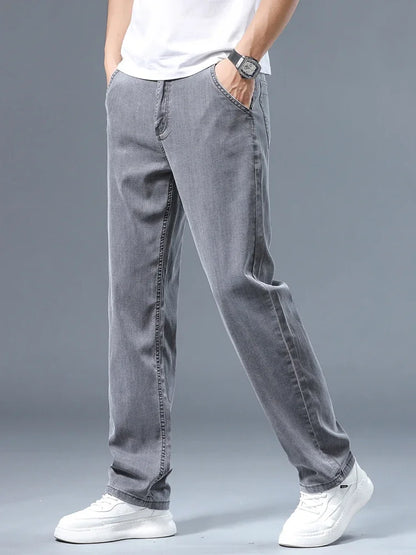 Summer Men's Lyocell Baggy Jeans Thin Soft Drape Business Casual Trousers Classic Smoke Gray Brand Straight Ice Silk Pants