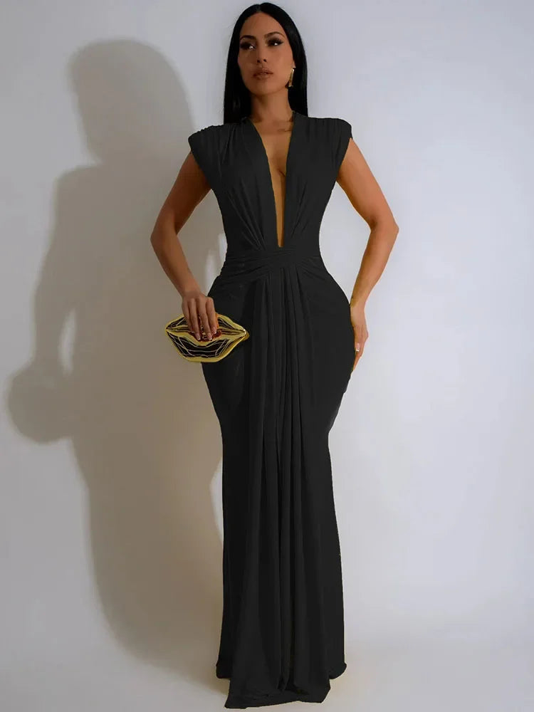 Elegant Ruched Bodycon Maxi Dress Women Birthday Night Party Evening Prom Deep V-neck Slim Celebrity Formal Long Dresses Ribbon