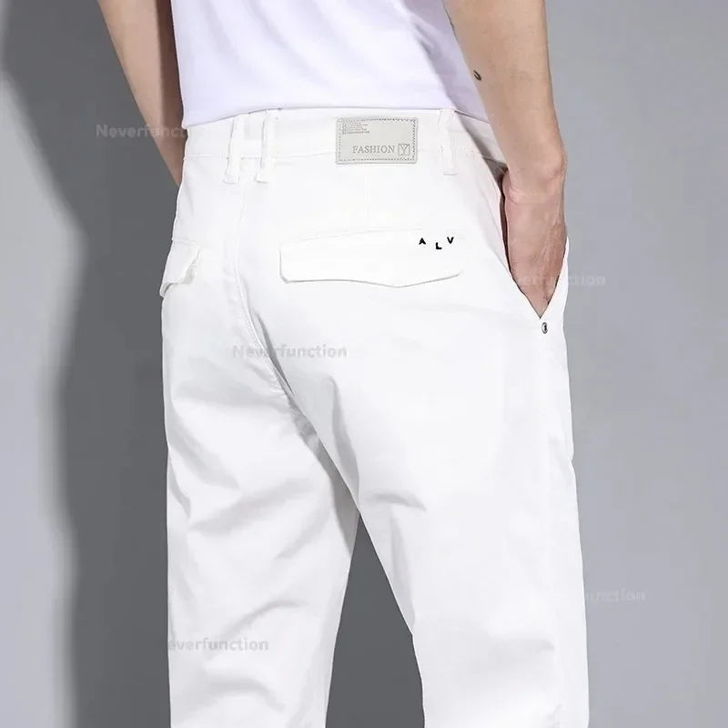 Four Seasons Men's New White Fashion Casual Pants Stretch Straight Comfortable Soft Business Work Trousers Male Brand Clothes