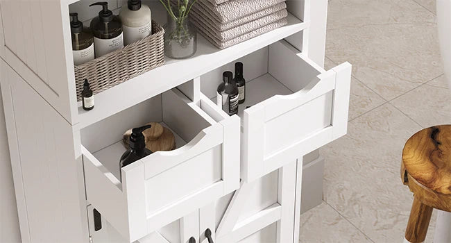 67" Tall Bathroom Storage Cabinet, Freestanding Linen Cabinet with Glass Doors & Drawer, Large Bathroom Pantry